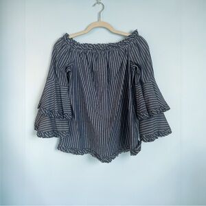 ECI Blue and White Striped Ruffle Blouse